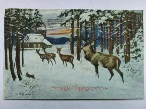 Alte AK Grußkarte Neujahr Wald Rotwild Hirsch 1918 [aT960]