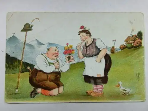 Alte AK Scherzkarte Paar Lederhose Berge Antrag [aT996]