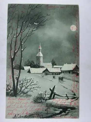 Alte AK Künstlerkarte Kirche Winter Mond 1903 [W706]