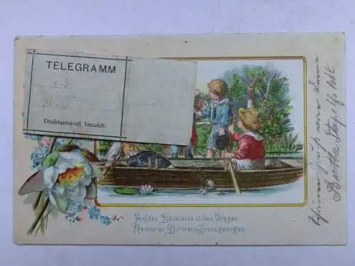 Alte AK Grußkarte m. Telegramm Kinder Boot 1903 [R469]