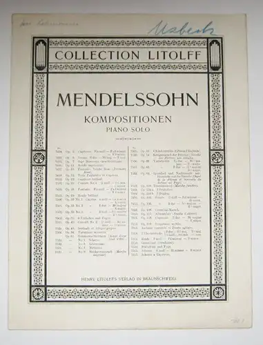 Mendelssohn-Bartholdy, Felix: Mendelssohn - Kompositionen. Piano solo. No. 7493. Op. 106. Sonate III. 