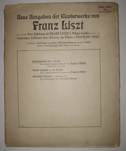 Liszt, Franz: Neue Ausgaben der Klavierkonzerte von Franz Liszt. Klavierkonzert No. 1, Es dur. Partitur für zwei Klaviere. 