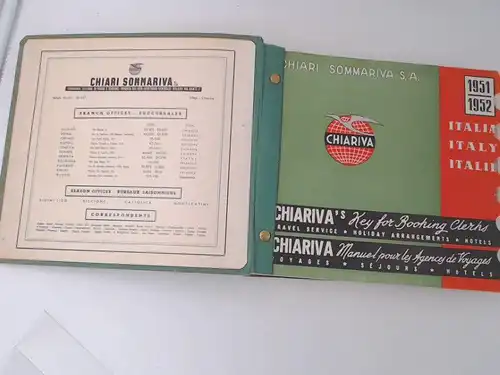 Chiari Sommariva (Hrsg.): Chiariva`s Key for Booking Clerks. Travel Service, Holiday Arrangements, Hotels. Manuel pour Agency de Voyages. Voyges, Séjours, Hôtels. Edition 1951-1952. Italy, Italie. 