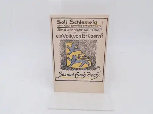 Postkarte zu den Volksabstimmungen über die deutsch-dänische Grenze 1920 in Schleswig:  Aufschrift Vorderseite: Soll Schleswig wirklich zerrissen werden! Sind wir nicht seit über 1000...