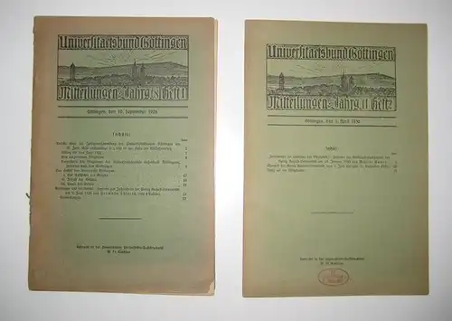 Universitätsbund Göttingen (Hrsg.): 2 Bände: Universitätsband Göttingen. Mitteilungen, Jahrg. 8, Heft 1. / Jahrg. 11, Heft 2. September 1926. April 1930. 