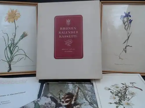 Kronen Kalender Kassette. Enthält 2 Bilderrahmen im Format ca. 25x17,5cm mit Farbdrucken von Blumen aus der Zeitschrift "Mitteleuropäische Pflanzenwelt", bearbeitet von Dr. Richard Kräusel. 