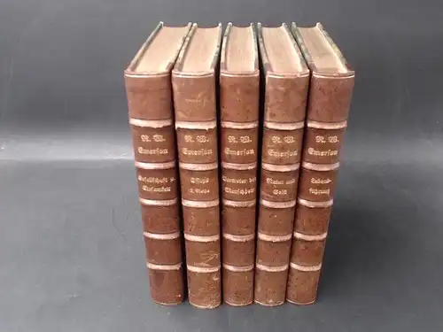 Emerson, R. W: Gesellschaft und Einsamkeit; Lebensführung; Natur und Geist; Vertreter der Menschheit; Essans 2. Reihe. Aus dem Englischen übertragen von Heinrich Conrad und W. Mießner. Buchausstattung von Fritz Schumacher. 