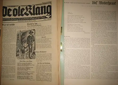 Diverse Autoren: Großes Konvolut plattdeutscher Blätter: Uns` Moderspraak und De ole Klang. Uns` Moderspraak. Blädd för plättdütsche Lüüd. Ausgaben aus den Jahren 1953..