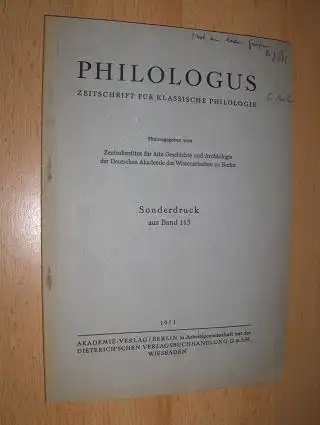 Perl *, Gerhard: DIE EINFÜHRUNG DER GRIECHISCHEN BUCHSTABEN Y und Z in DAS LATEINISCHE ALPHABET. + 1 AUTOGRAPH. Sonderabdruck - Sonderdruck - Estratto aus PHILOLOGUS - ZEITSCHRIFT FÜR DAS KLASSISCHE ALTERTUM, Band 115. 