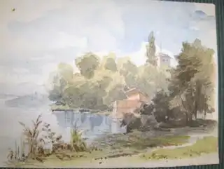 Reitmayer, Amalie: Amalie Reitmayer : Original-Zeichnung mit Aquarelle/Tusche : Am See (Starnberg ?). (Eintrag Name u. Jahr mit Bleistift hinten). 