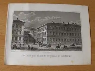 ORIGINAL- STAHLSTICH : PALAIS DES PRINZEN LUITPOLD IN MÜNCHEN (v. F. Hablitscheck). Gebäude mit Passanten, Kutsche, Staffage. 