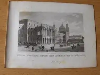 ORIGINAL- STAHLSTICH : KÖNIGL. RESIDENZ GEGEN DEN HOFGARTEN IN MÜNCHEN. Gebäude mit Passanten, Hunden, Kutsche und Reiter, im Hintergrund die Theatinerkirche. 