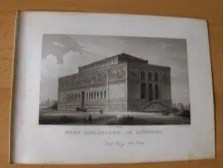 ORIGINAL- STAHLSTICH : NEUE PINAKOTHEK IN MÜNCHEN (v. Durand - gestochen v. Poppel u. Kurz). Gebäude mit Spaziergänger. 