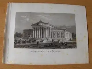 ORIGINAL- STAHLSTICH : GLYPTOTHEK IN MÜNCHEN. Gebäude mit Kutsche, Pferden, Reiter u. Spaziergänger. 