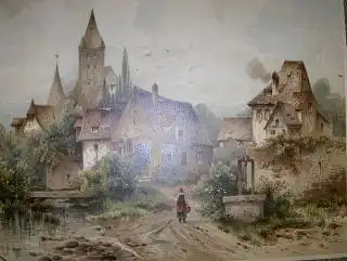 Orig.-farb. Chromolithographie nach Gemälde : Kl. Stadtansicht in Holland oder Flandern ? (Im Druck monogr. C. G.). 