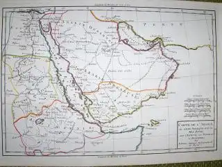 Grenzkolorierter Kupferstich-Karte von M. Rigobert BONNE * : CARTE DE L` ARABIE du Golfe Persique et de la Mer Rouge, avec l` Egypte, la Nubie et l` Abissinie. 