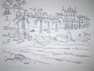 *. : Original - (s/w.) LITHOGRAPHIE (auf leichtes Papier). Ansicht der Hafen von Sanary sur Mer (ins Deutsch. falsch geschrieben unten links mit Bleistift "Sanaris / Südfrankreich") - Signiert unten rechts F.... Fischer ? *. 