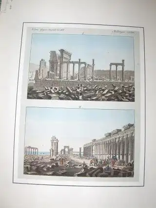 Bertuch (?), Friedrich von: Zwei altkolorierter Kupferstiche (2 auf 1 Blatt v. oben nach unt.) : RUINEN VON PALMYRA mit Fig. 1: Der Sonnentempel - Fig. 2: Die große Galerie. - (Verm. Gengenstaende - Melanges CLXVI - Bd. VII. N° 84 *). 