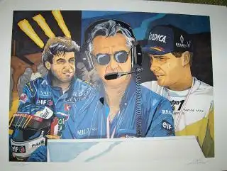Original farb.-Linoldruck auf kartoniert.-Velin : BENETTON FORMULA 1 Racing Team mit Portraits A. Nannini ? , F. Briatore u. G. Berger. 