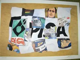 Original farb.-Linoldruck auf kartoniert.-Velin : BENETTON FORMULA 1 Racing Team mit Collage u. Hinweise auf der Sponsor PI.SA. 