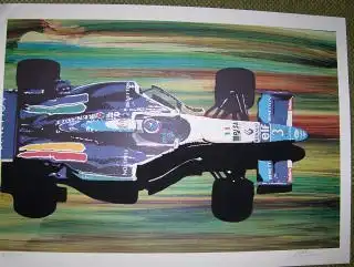 Original farb.-Linoldruck auf kartoniert.-Velin : BENETTON FORMULA 1 Racing Team mit Formel-1-Fahrzeug u. Hinweise auf der Sponsor PI.SA. 