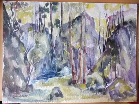 Grünfelder *, Ernst (E.): ORIGINAL-AQUARELL von E. GRÜNFELDER (signiert u. dat. 1978) : Landschaft am Fuß der Felsenburg bei Karlstein *. 