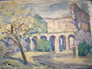 Graf, Oskar: OSKAR GRAF *. ORIGINAL -AQUARELLE auf hellbraunfarb.-(mitteldick)-Karton : Schlossruine mit Bäume u. Fliederbusch (Frühlingsansicht). Signiert unten rechts. 