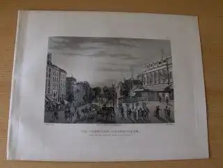 GRAVURE (AQUATINTA) ORIGINALE : LE GYMNASE DRAMATIQUE PRIS DU BOULEVARD BONNE-NOUVELLE - d`apres (nach) SCHMIDT - gravee (gestochen von) par MARTENS. Mit Staffage, Spaziergänger, Händler, Pferden. 