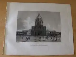 GRAVURE (AQUATINTA) ORIGINALE : DOME DES INVALIDES - d`apres (nach) SCHMIDT - gravee (gestochen von) par MARTENS. Mit Staffage, Häuser, Passanten, Pferden, Kind mit Rad. 