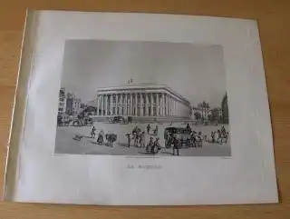 GRAVURE (AQUATINTA) ORIGINALE : LA BOURSE - d`apres (nach) SCHMIDT - gravee (gestochen von) par MARTENS. Mit Staffage, Häuser, Passanten, Kutschen, Pferden. 