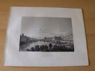 GRAVURE (AQUATINTA) ORIGINALE : LE LOUVRE PRIS DU PONT NEUF - d`apres (nach) SCHMIDT - gravee (gestochen von) par MARTENS. Mit d. Seine, Insel u. Bäume, Schiffe am Quais. 