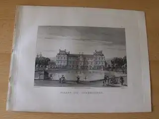 GRAVURE (AQUATINTA) ORIGINALE : PALAIS DU LUXEMBOURG - d`apres (nach) SCHMIDT - gravee (gestochen von) par MARTENS. Mit d. Parkanlage, Gärten, Wasser, Spaziergänger, Kinder, Bäume. 