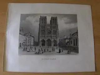 GRAVURE (AQUATINTA) ORIGINALE : NOTRE-DAME (de face) - d`apres (nach) SCHMIDT - gravee (gestochen von) par MARTENS. Mit Platz, Häuserfront, Spaziergänger, Soldat, Kirchenmann. 