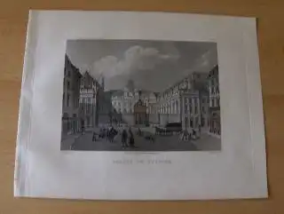 GRAVURE (AQUATINTA) ORIGINALE : PALAIS DE JUSTICE - d`apres (nach) SCHMIDT - gravee (gestochen von) par MARTENS. Mit d. Platz, Kutschen, Spaziergänger, Kinder, Hunden, Tor. 