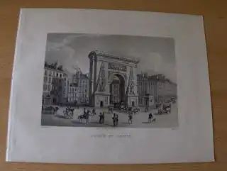 GRAVURE (AQUATINTA) ORIGINALE : PORTE St. DENIS - d`apres (nach) SCHMIDT - gravee (gestochen von) par MARTENS. Mit Staffage, Spaziergänger, Reiter, Kutschen, Pferden. 