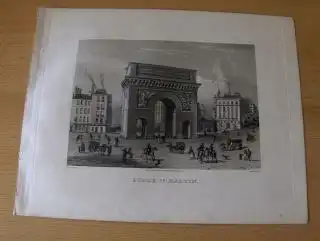 GRAVURE (AQUATINTA) ORIGINALE : PORTE St. MARTIN - d`apres (nach) SCHMIDT - gravee (gestochen von) par MARTENS. Mit Staffage, Spaziergänger, Reiter, Kutschen, Händler, Pferden. 