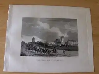 GRAVURE (AQUATINTA) ORIGINALE : CHATEAU DE VINCENNES - d`apres (nach) SCHMIDT - gravee (gestochen von) par MARTENS. Mit d. Parkanlage, Tour, Garde Royale auf Pferden, Spaziergänger. 