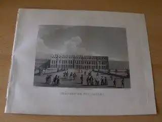 GRAVURE (AQUATINTA) ORIGINALE : CHATEAU DE VERSAILLES (de face) - d`apres (nach) SCHMIDT - gravee (gestochen von) par MARTENS. Mit d. Parkanlage, Statuen, Spaziergänger. 