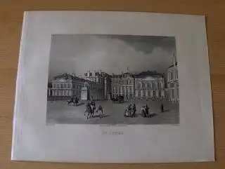 GRAVURE (AQUATINTA) ORIGINALE : St. CLOUD - d`apres (nach) SCHMIDT - gravee (gestochen von) par MARTENS. Mit d. Platz v. d. Schloss, Reiter, Kutsche, Spaziergänger. 