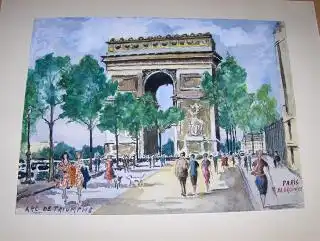 de Brouwer, Edward: ORIGINAL AQUARELLE v. EDWARD DE BROUWER : PARIS - ARC DE TRIOMPHE * (HAUTS DES CHAMPS-ELYSEES AVEC SCENE DES ANNEES 50...