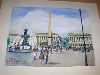 de Brouwer, Edward: ORIGINAL AQUARELLE v. EDWARD DE BROUWER : PARIS - PLACE DE LA CONCORDE (Direction Madeleine avec Lampadaires, Fontaine, Obelisque, Automobiles, Personnages avec Mode etc..) - SCENE DES ANNEES 50. Auf leichten Malkarton der Zeit (ca 195