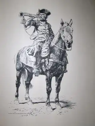 Faksimile-Druck nach Federzeichnung von ANTON HOFFMANN (1863-1938): Offizier (Barockzeit) auf Pferd mit Trompete. 