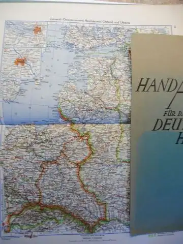 Oestergaard (Verleger), Dr. Peter: HANDATALAS für das DEUTSCHE HAUS von 1943 *. Gr. farb. Karten auf 76 Seiten + Register mit Namenverzeichnis u. Nachweisen auf d. Karten.