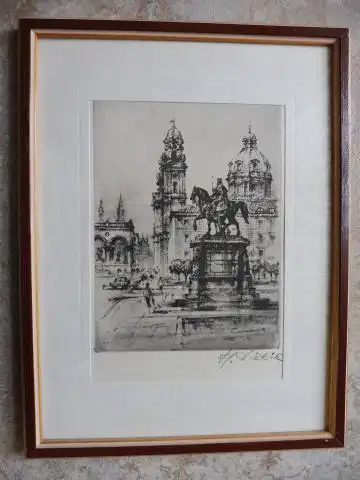 Dietrich, F. J: MÜNCHEN. F. J. Dietrich (Münchner Künstler) :" Teil Odeonsplatz mit Reiterdenkmal für Ludwig I.   Theatinerkirche   Blick Richtung Marienplatz".. 