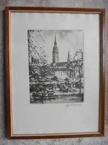 Dietrich, F. J: MÜNCHEN. F. J. Dietrich (Münchner Künstler) :" Viktualienmarkt   Blick Richtung Peterskirche   Rathausturm   Dom links hinten..." (grauduotone).. 