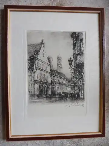 Dietrich, F. J: MÜNCHEN. F. J. Dietrich (Münchner Künstler) :" Neuhauser Strasse - Blick Richtung Marienplatz - links Michaelskirche - rechts zum Augustiner ..." (grauduotone)...