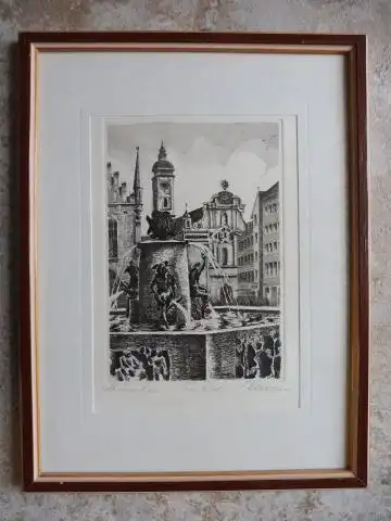 Klaassen: MÜNCHEN. Klaassen (Münchner Künstler) :" Fischerbrunnen am Marienplatz mit Blick auf Altes Rathaus - Richtung Viktualienmarkt" (grauduotone) - Original-Radierung - Betitelt "München" u. "Orig.Rad."...