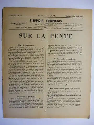 Servoingt (Directeur), Georges: L`ESPOIR FRANCAIS - 2e ANNEE N° 72 - VENDREDI 21 JUIN 1935 *. 