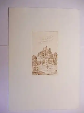 FRITZ HÖRAUF : ORIGINAL- 1.FARBIG.-RADIERUNG mit Bleistift numer. 96/170, signiert u. datiert. + Or.-WIDMUNG / Kl. ZEICHNUNG *. "Imaginäre Stadt", Hörauf, Fritz