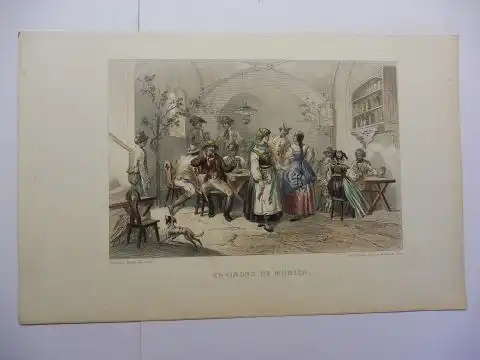 Rouargue Freres, Emile Adolphe, F. Chardon und Xavier Marmier: ORIGINAL STAHLSTICH (GRAVURE) FRANKREICH MITTE XIX. JAHRHUNDERT: ENVIRONS DE MUNICH *. (Hommes et Femmes en costume Bavarois dans une Brasserie des environs de Munich vers 1860). 